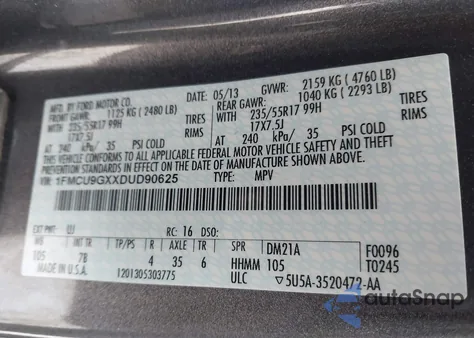 2013 Ford Escape Se z USA, uszkodzony, nr VIN 1FMCU9GXXDUD90625